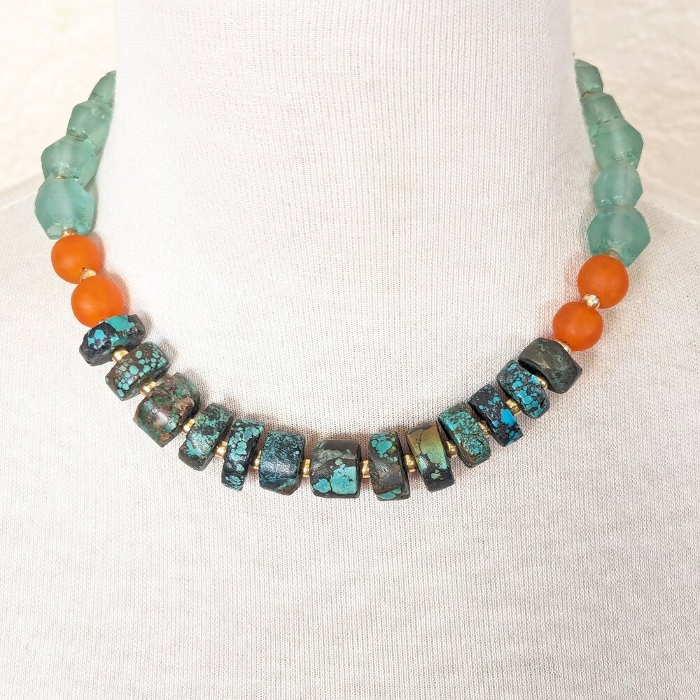 Seafoam Green & Orange Turquoise & Recycled African Glass Statement Necklace